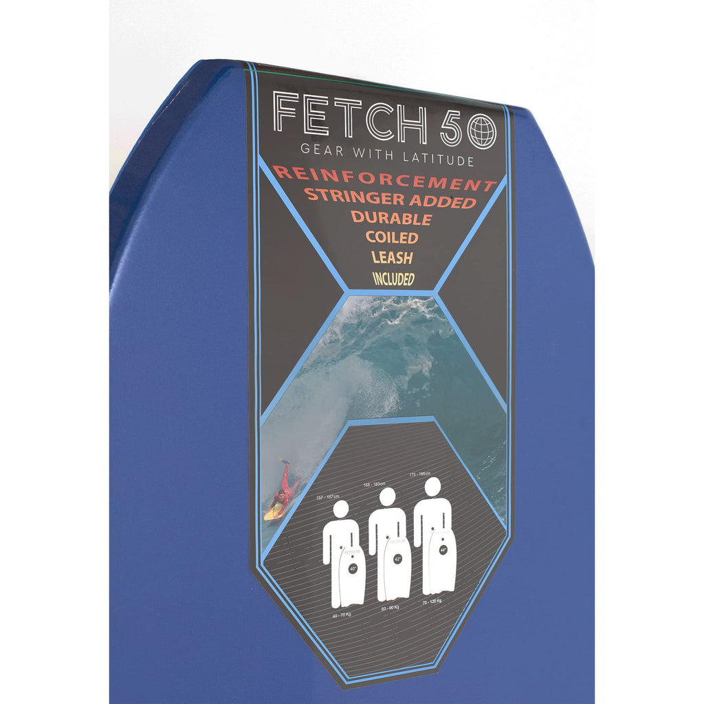 Bodyboard adulte et adolescent Fetch 50, planche de surf haute performance avec stringer et leash spiralé, bleu marine