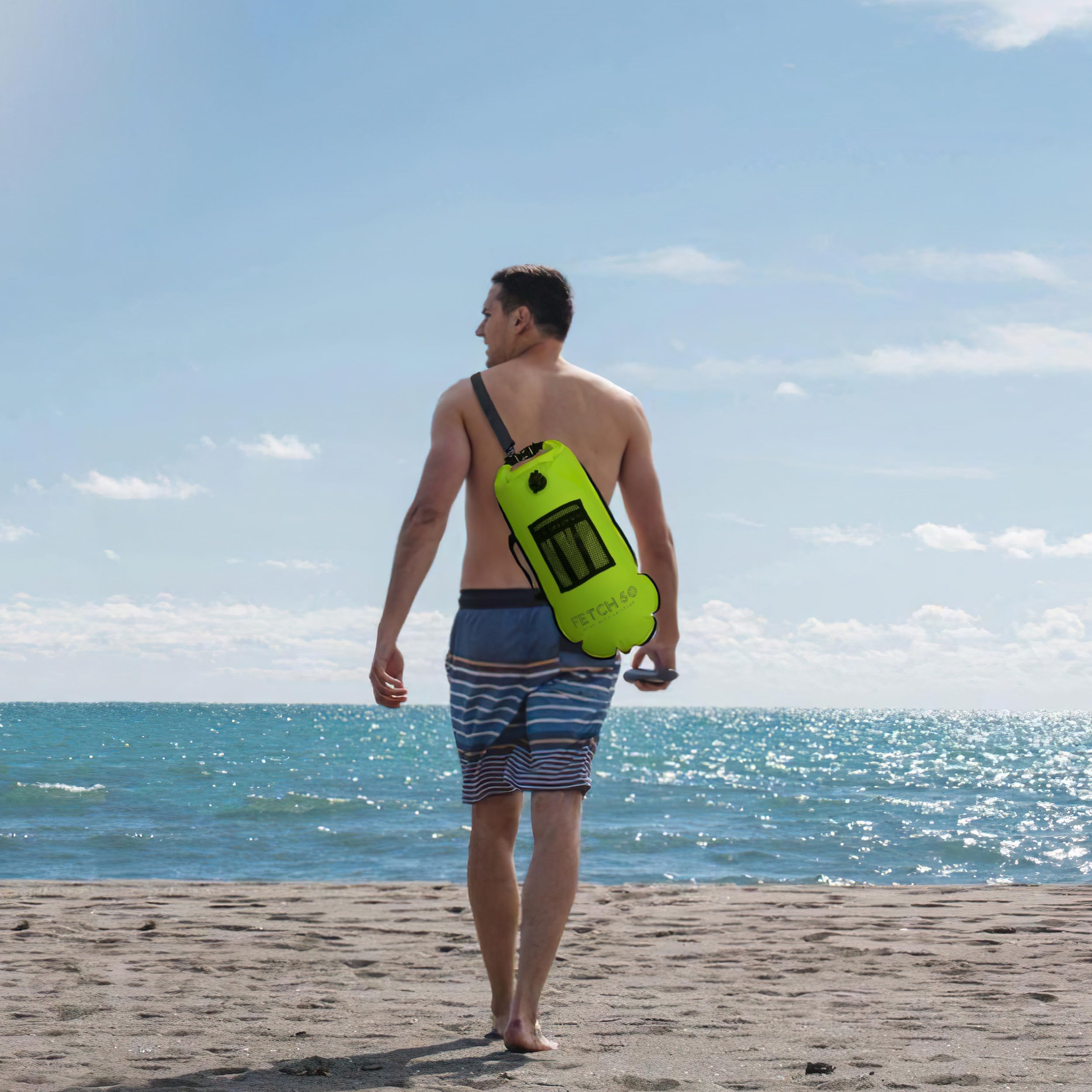 Fetch 50 Bouée de Natation Flottante | Sac Étanche Double Chambre avec Poignées, Pochette Nutrition et Sifflet | Bouée de Natation Jaune Vif