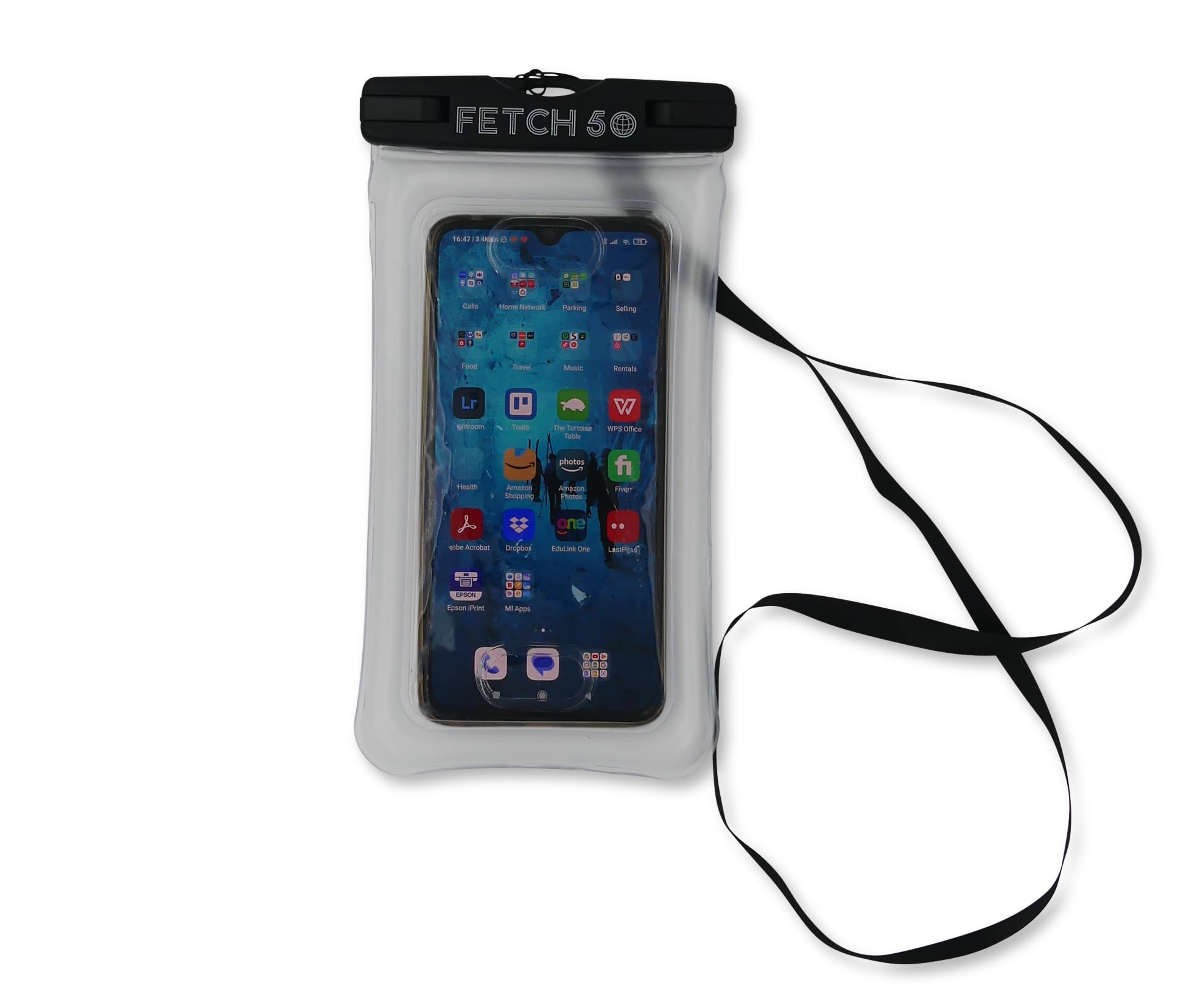 Fetch 50 Étui Étanche pour Téléphone Portable IPX8 avec Écran Tactile et Reconnaissance d'Empreintes Digitales, Compatible iPhone & Android jusqu'à 6,7 pouces Noir