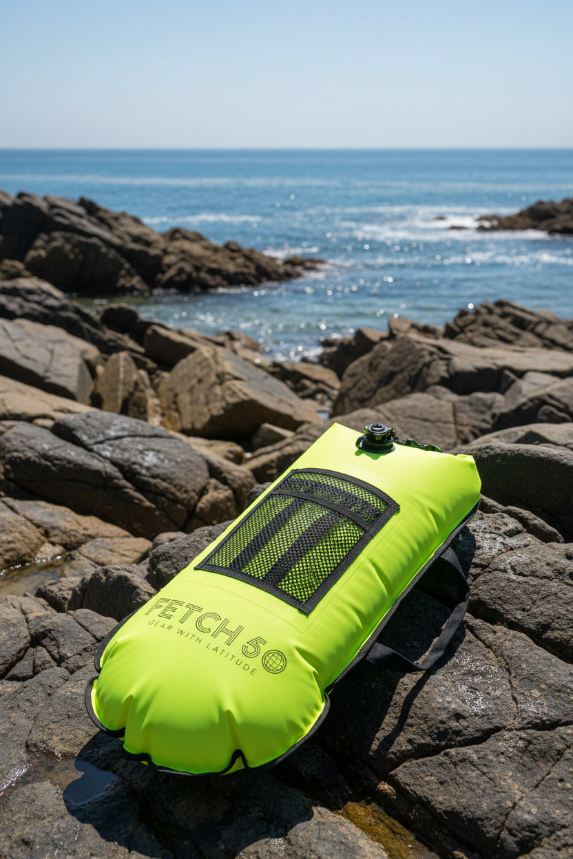 Fetch 50 Bouée de Natation Flottante | Sac Étanche Double Chambre avec Poignées, Pochette Nutrition et Sifflet | Bouée de Natation Jaune Vif