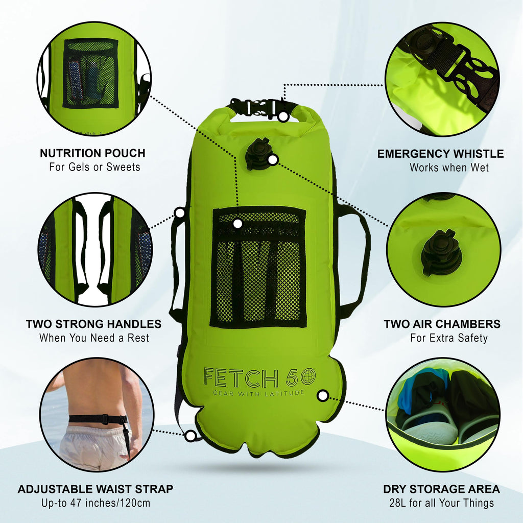 Fetch 50 Bouée de Natation Flottante | Sac Étanche Double Chambre avec Poignées, Pochette Nutrition et Sifflet | Bouée de Natation Jaune Vif