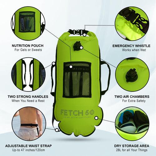 Fetch 50 Bouée de Natation Flottante | Sac Étanche Double Chambre avec Poignées, Pochette Nutrition et Sifflet | Bouée de Natation Jaune Vif