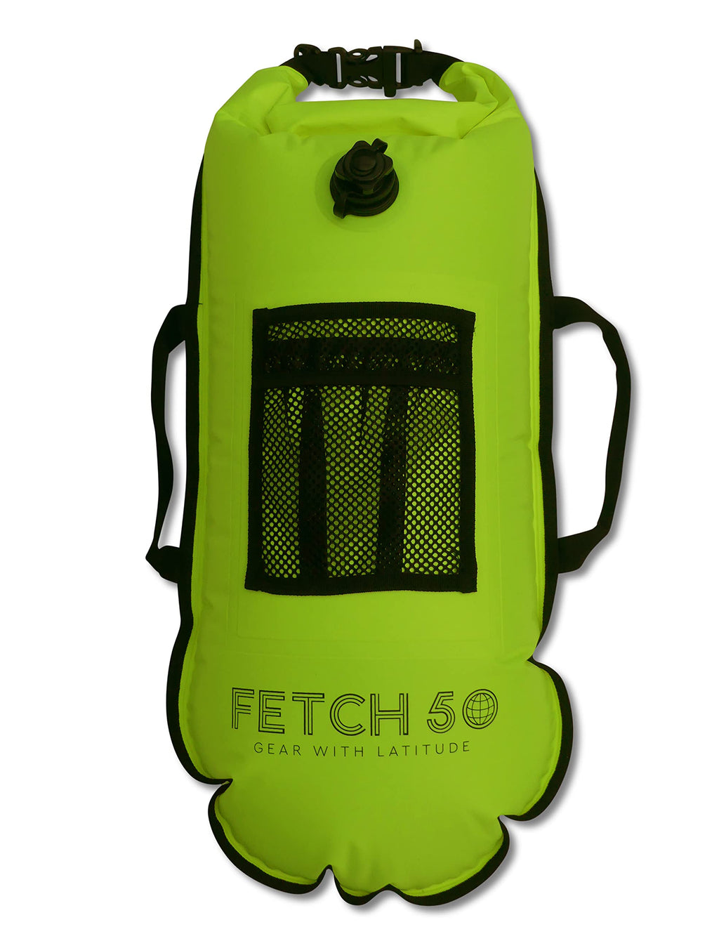 Hi-Vis Yellow dry bag with black mesh pocket and 'FETCH 50' branding on a white background