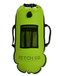 Hi-Vis Yellow dry bag with black mesh pocket and 'FETCH 50' branding on a white background