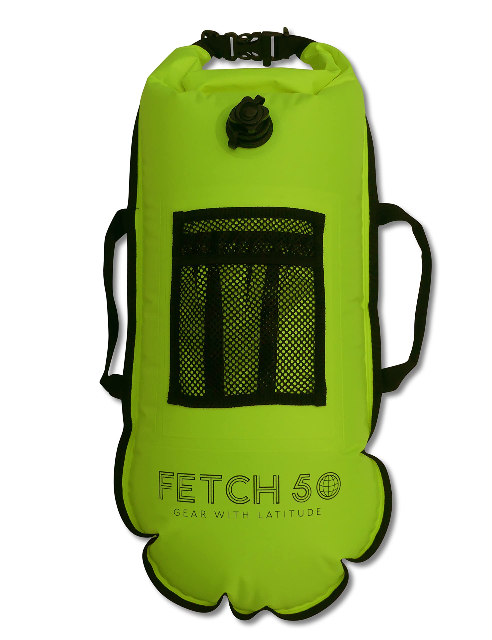 Hi-Vis Yellow dry bag with black mesh pocket and 'FETCH 50' branding on a white background
