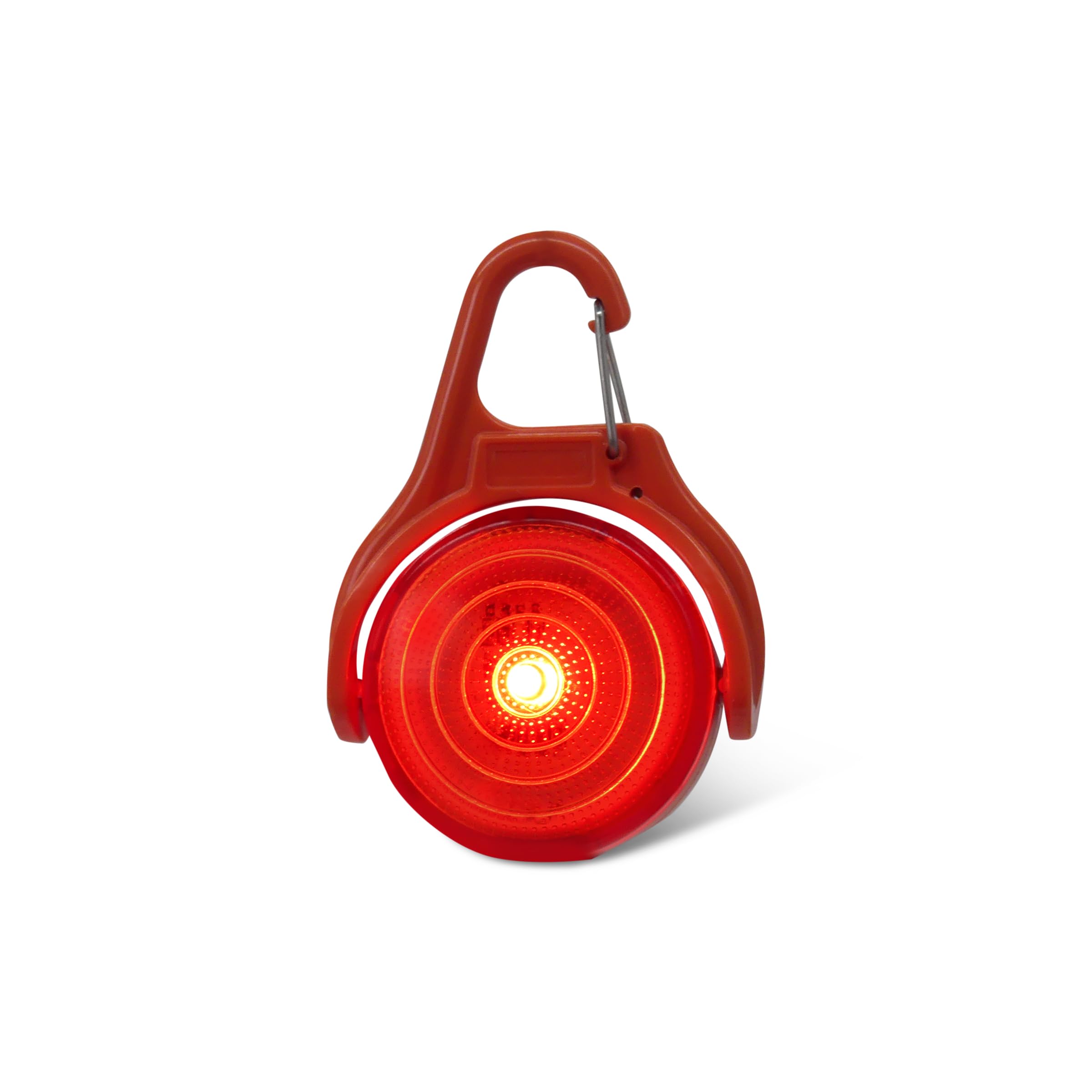 Red strobe light with a carabiner on a white backgound